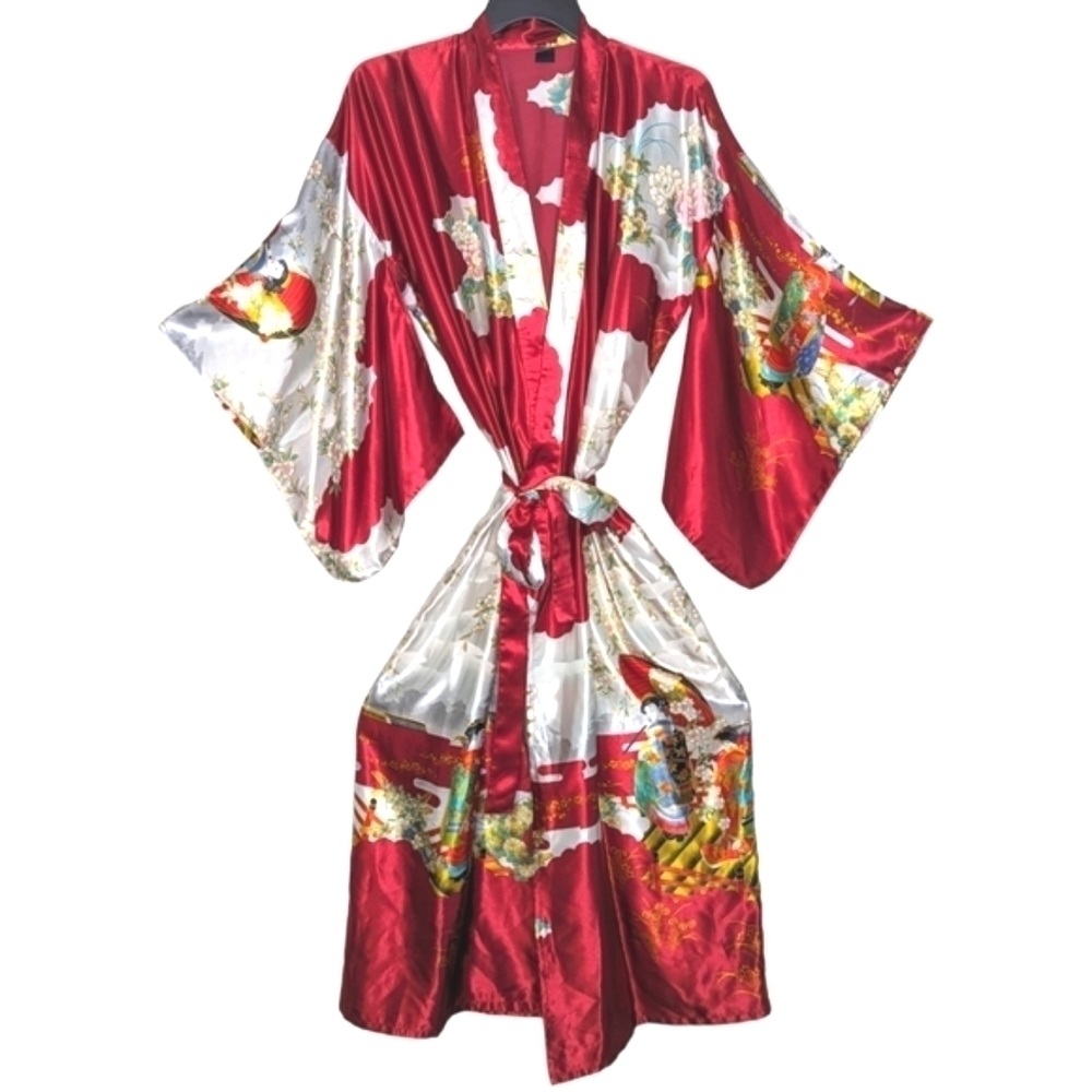 Vintage Satin Authentic Japanese Kimono Open Front Sash Tie Red White Maxi OS